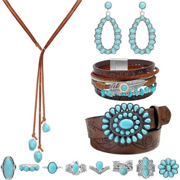 12 Pieces Leather Western Jewelry Set for Women Bohemian Costume Jewels - Picture 1 of 8